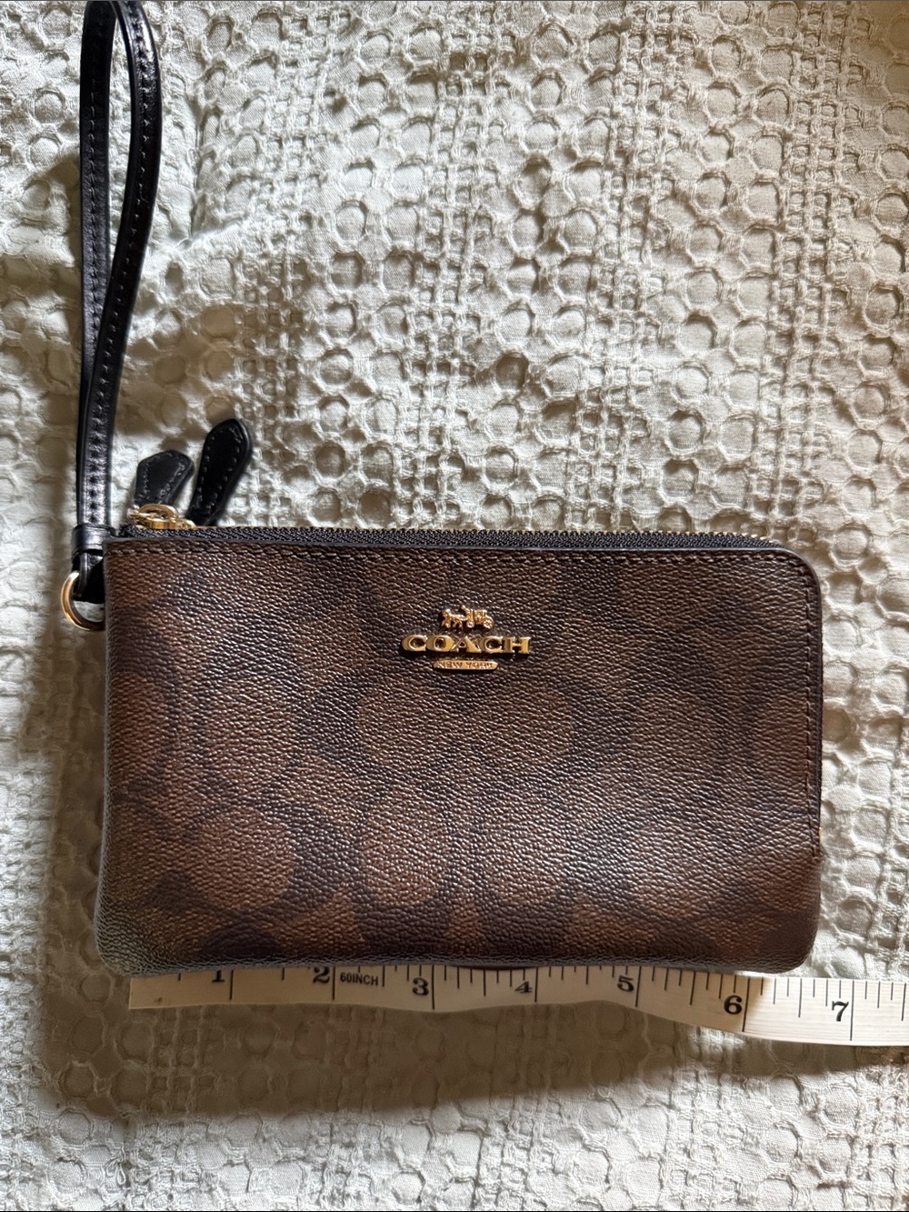 Coach Brown Signature Zip Wristlet with Gold Logo